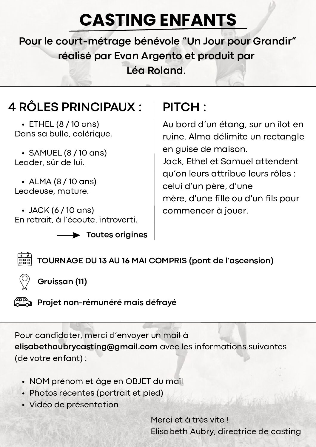 Casting pour rôle principal (4 enfants de 6 à 10 ans) « Un Jour pour Grandir »