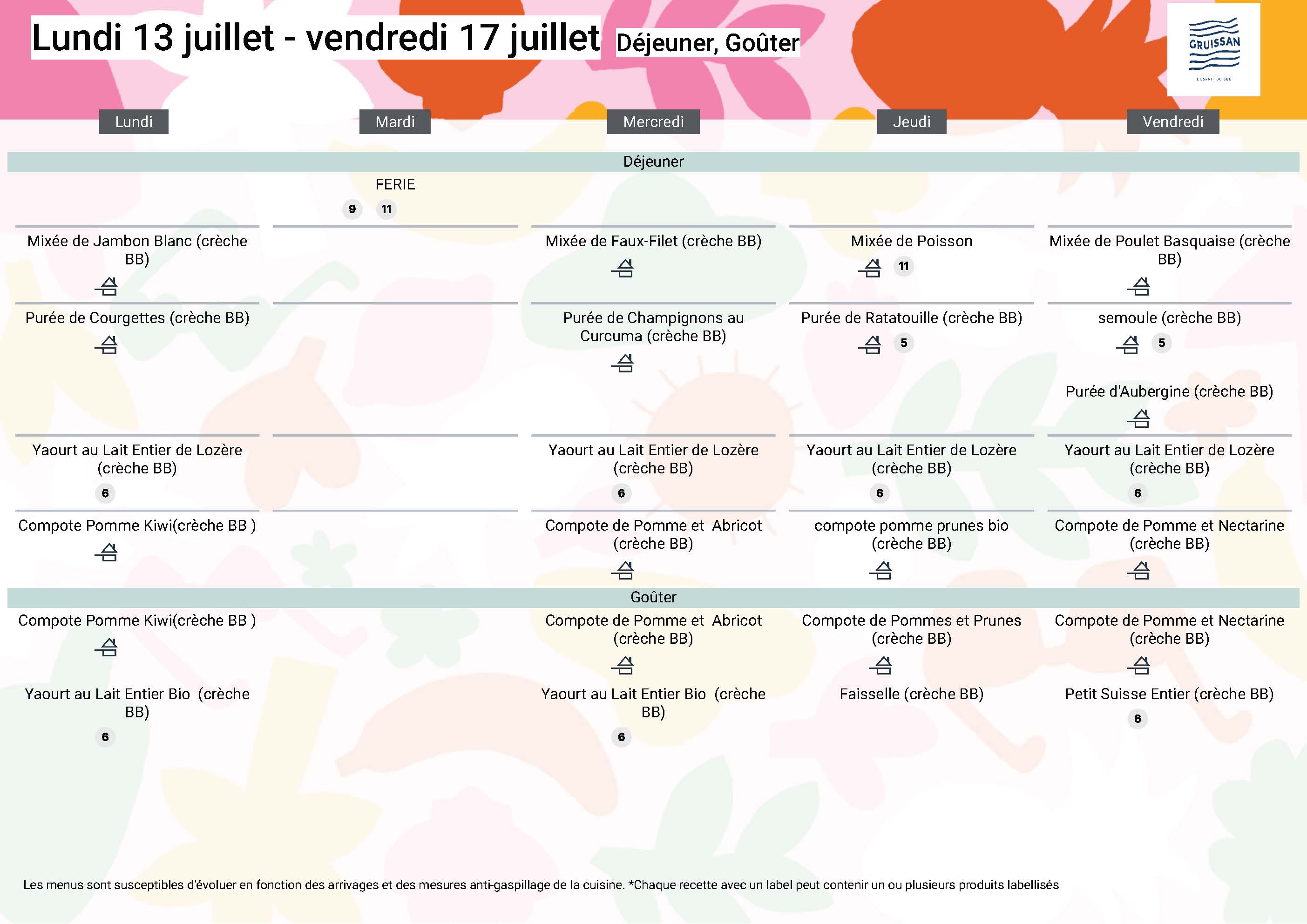 Menu du groupe Crèche BB du 13 au 17 juillet 2026