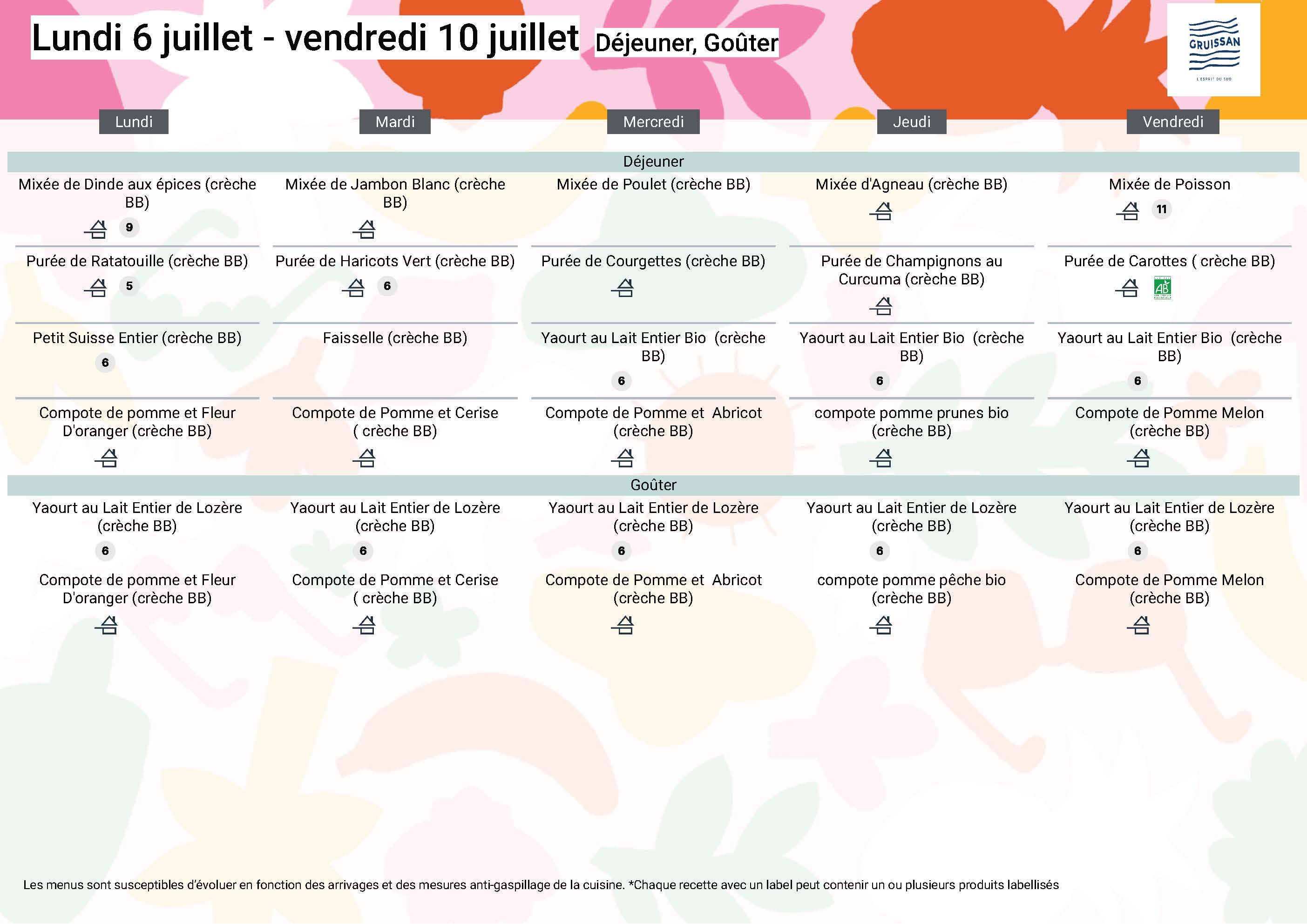 Menu du groupe Crèche BB du 6 au 10 juillet 2026