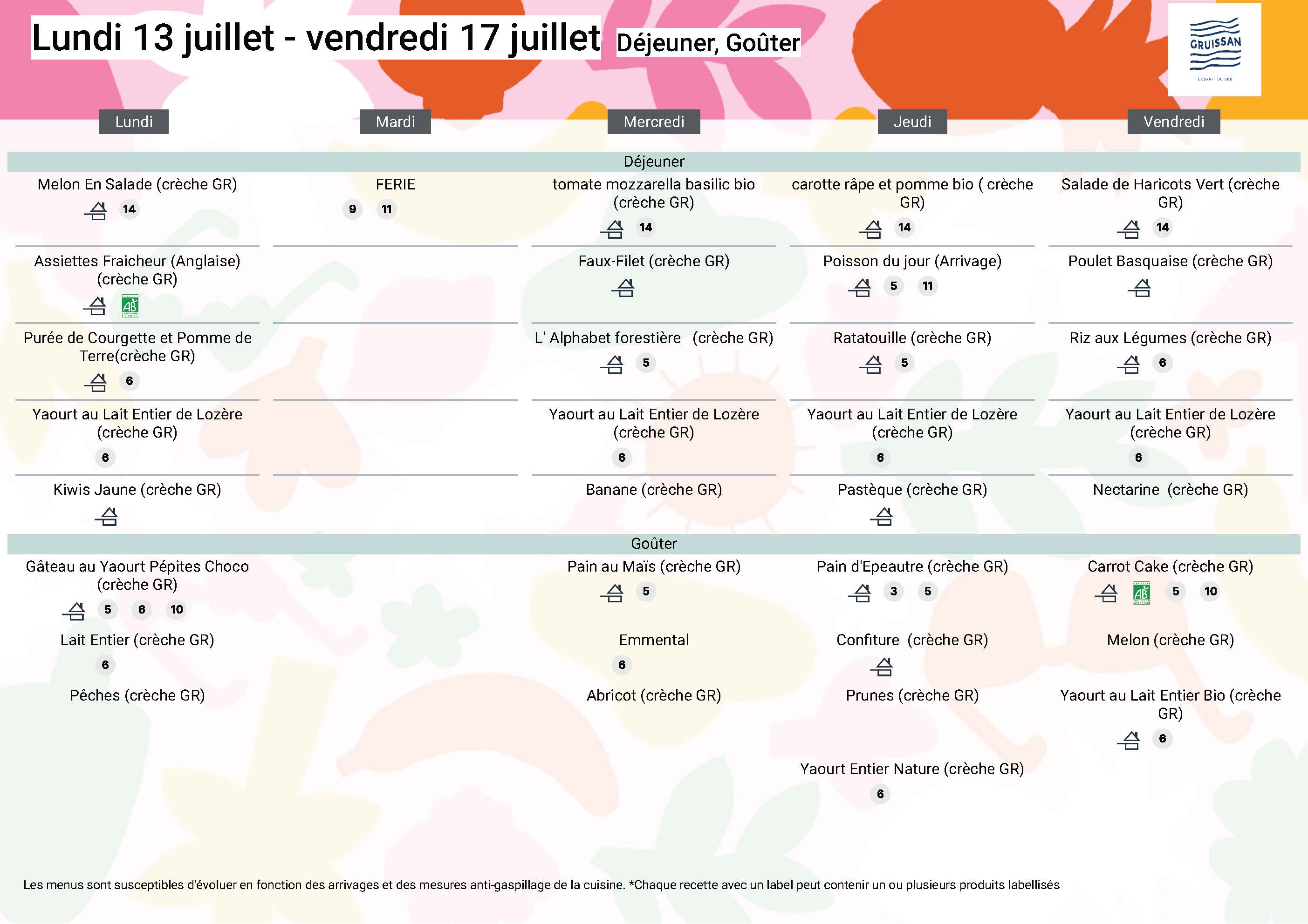 Menu du groupe Crèche Grands du 13 au 17 juillet 2026