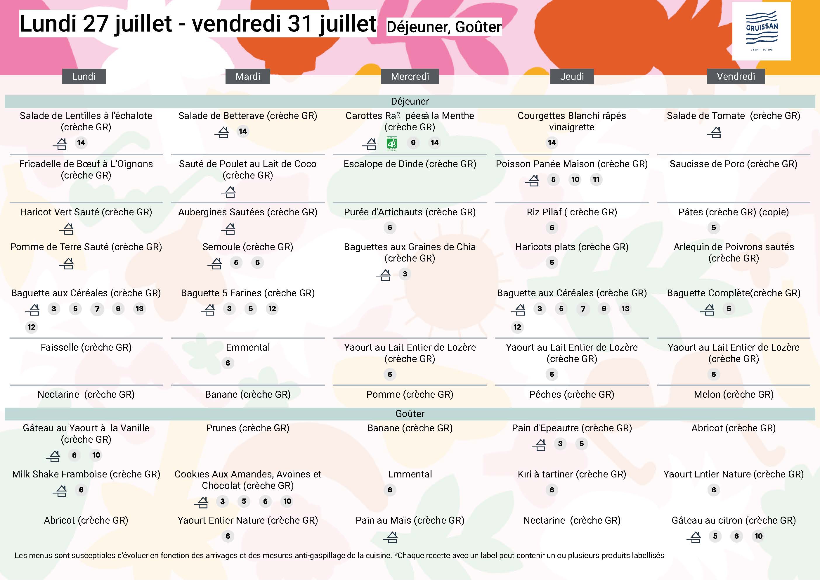 Menu du groupe Crèche Grands du 27 au 31 juillet 2026