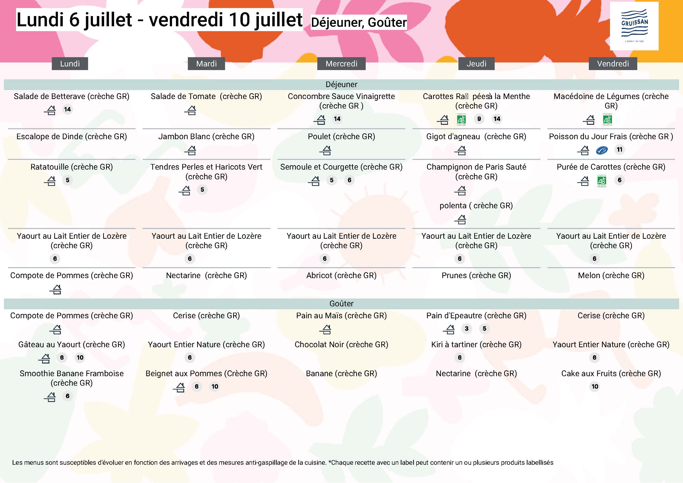 Menu du groupe Crèche Grands du 6 au 10 juillet 2026