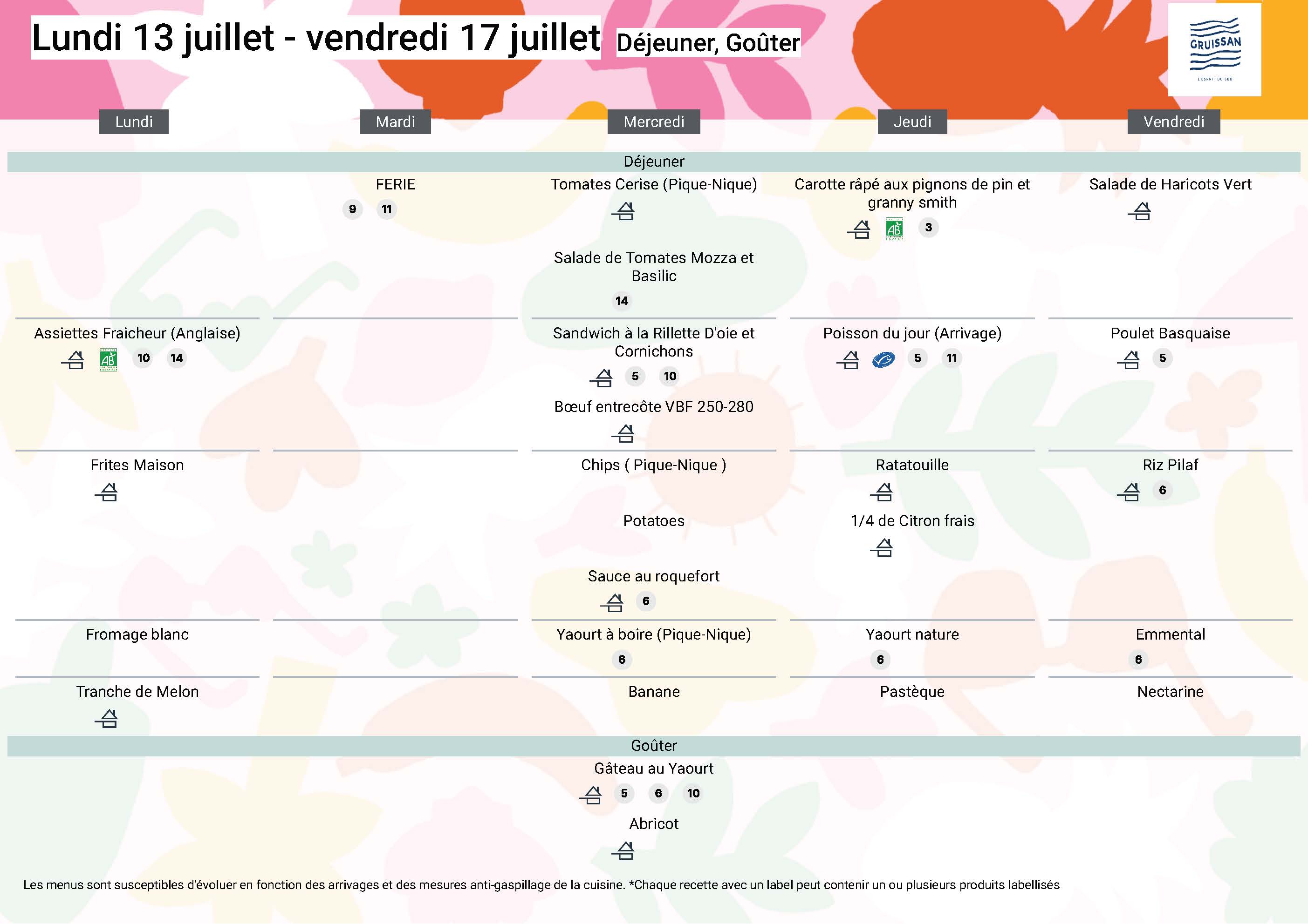 Menu du groupe Principal du 13 au 17 juillet 2026