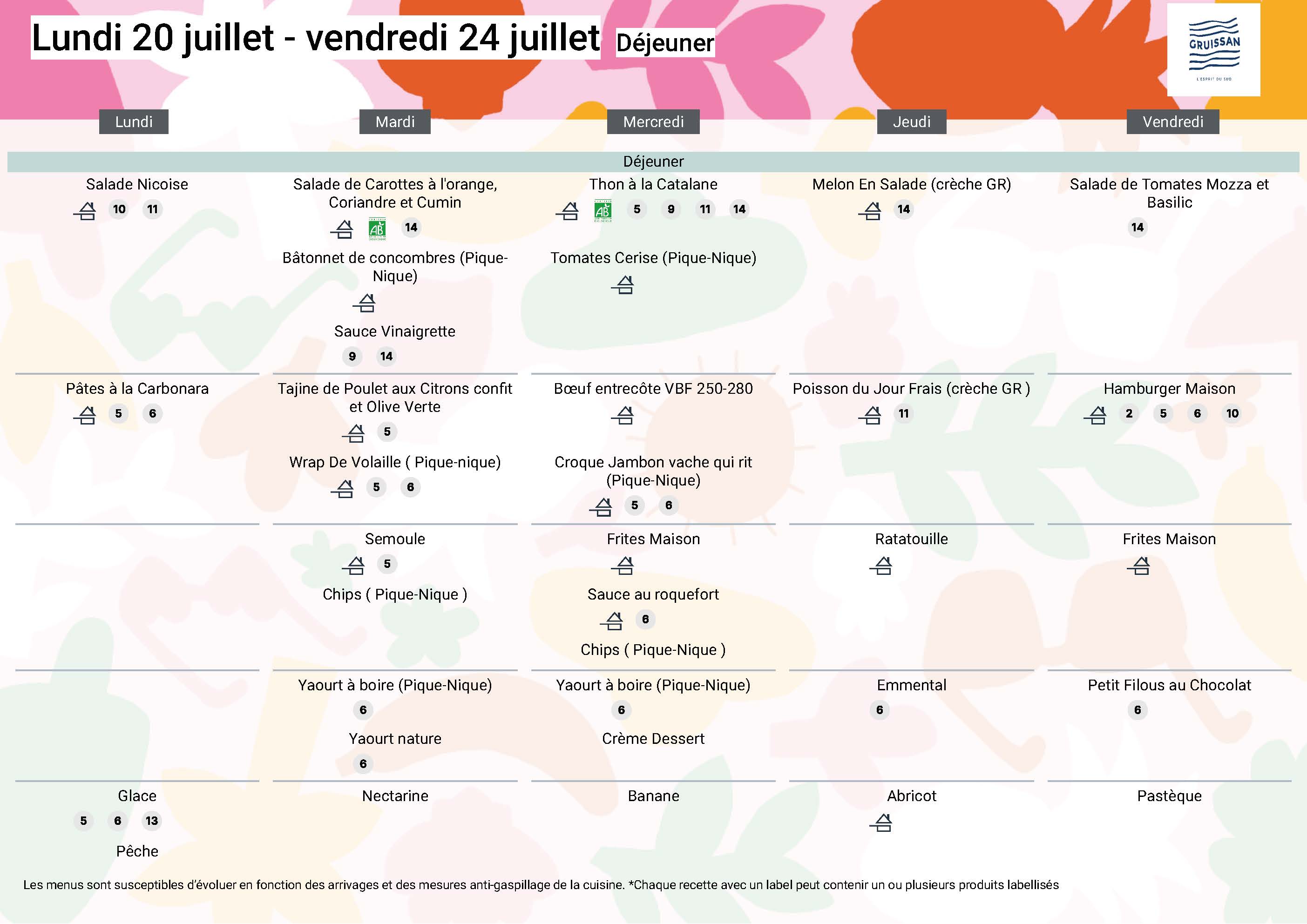 Menu du groupe Principal du 20 au 24 juillet 2026