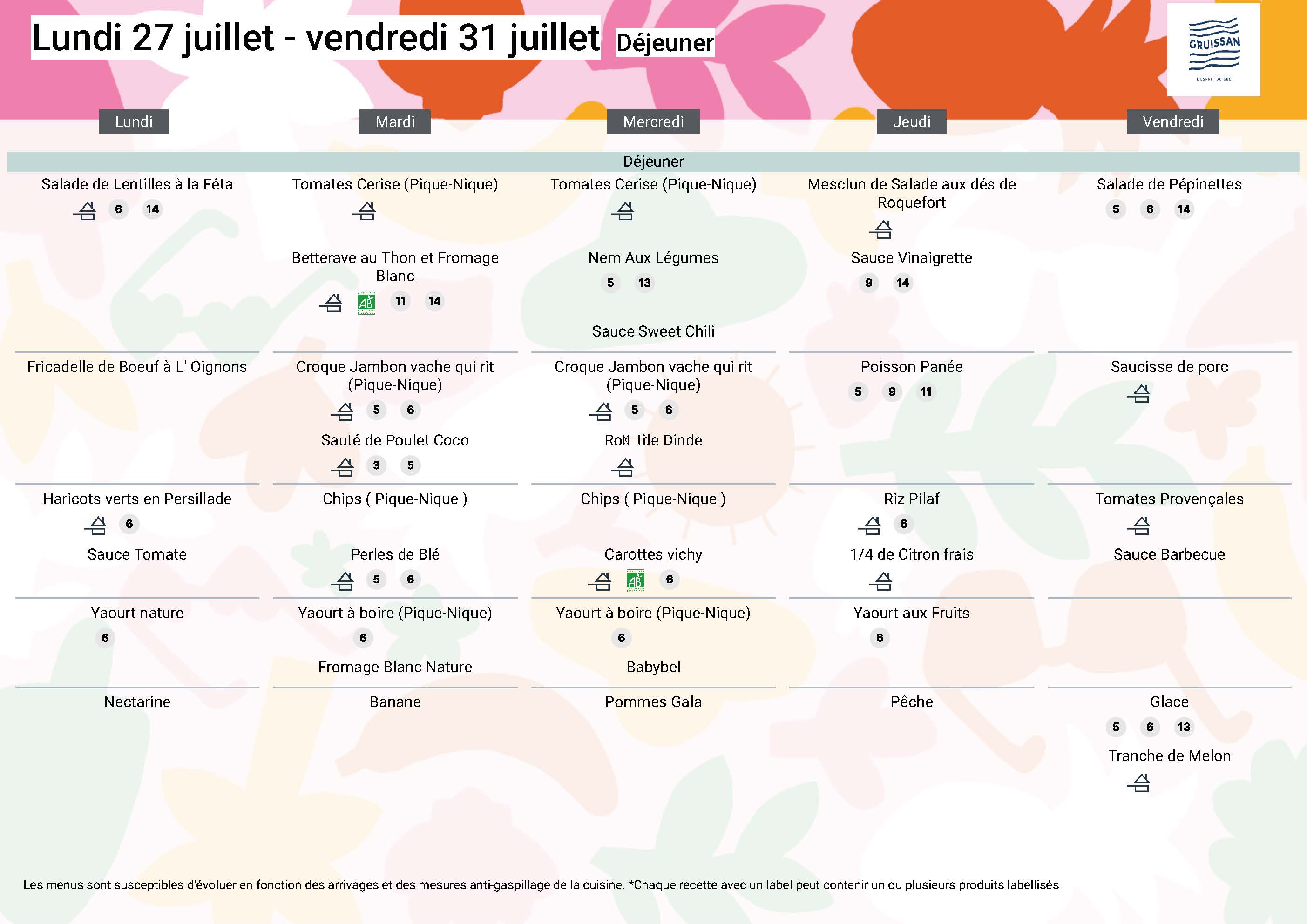 Menu du groupe Principal du 27 au 31 juillet 2026