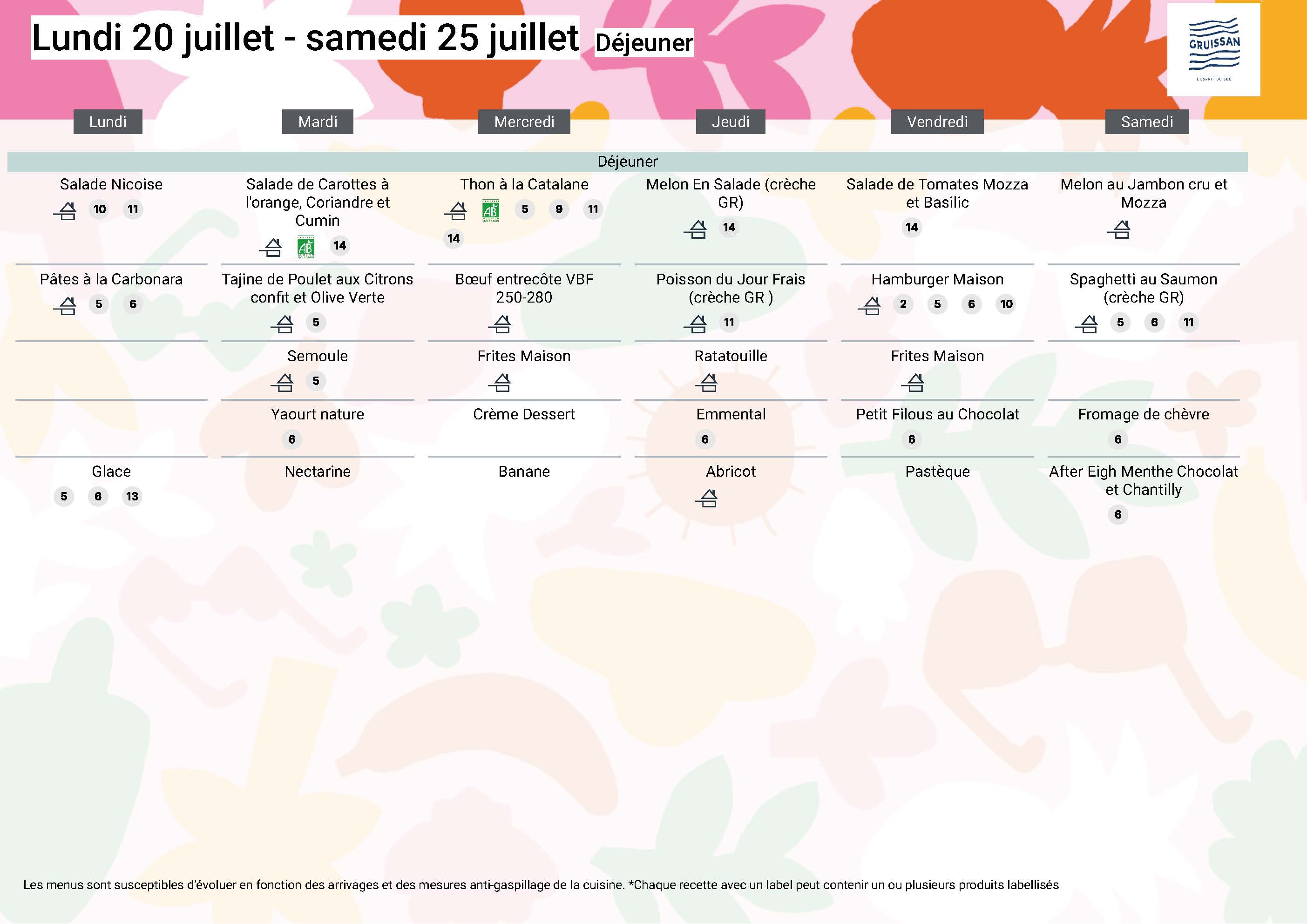 Menu du groupe Seniors du 20 au 25 juillet 2026