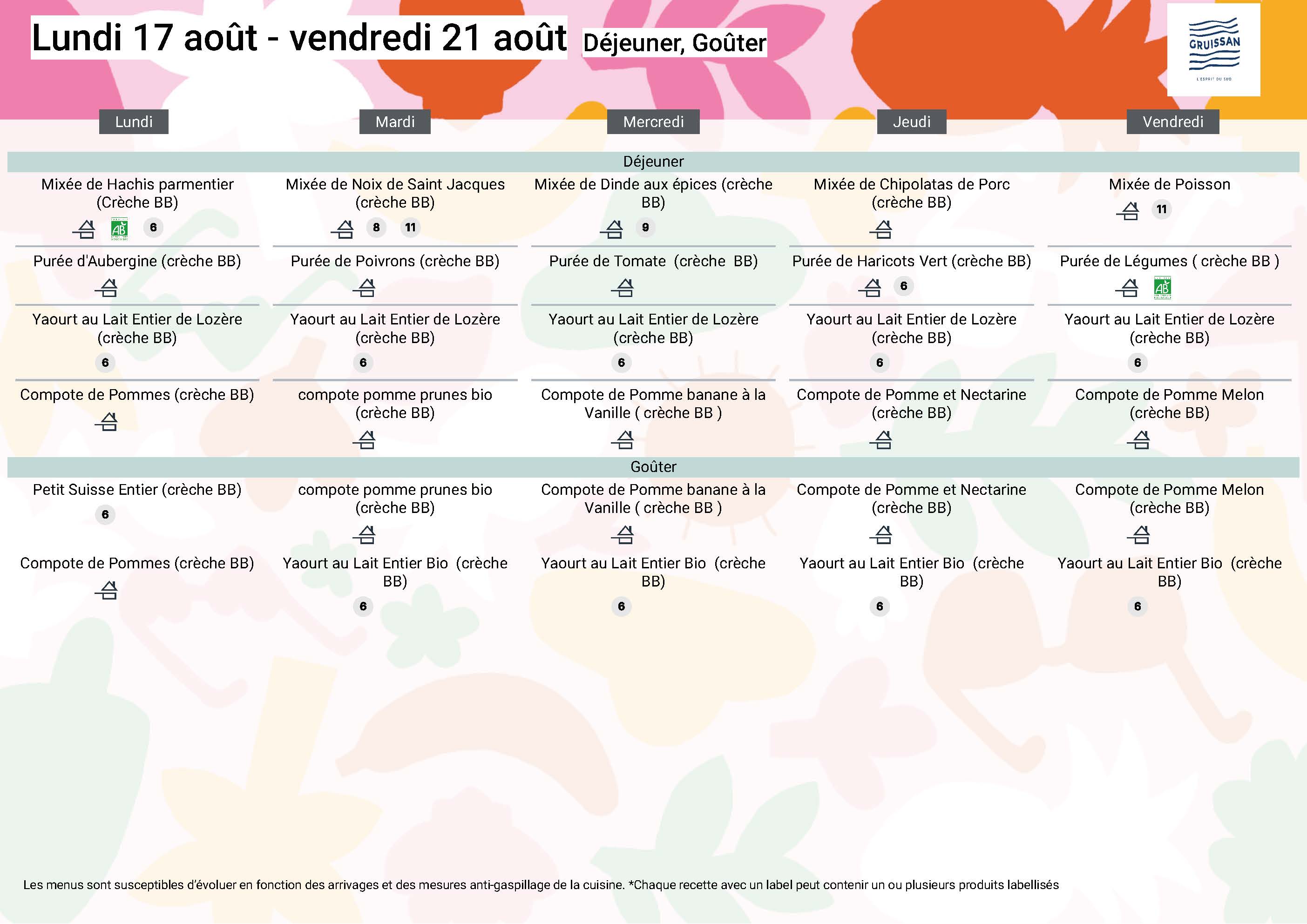 Menu du groupe Crèche BB du 17 au 21 août 2026