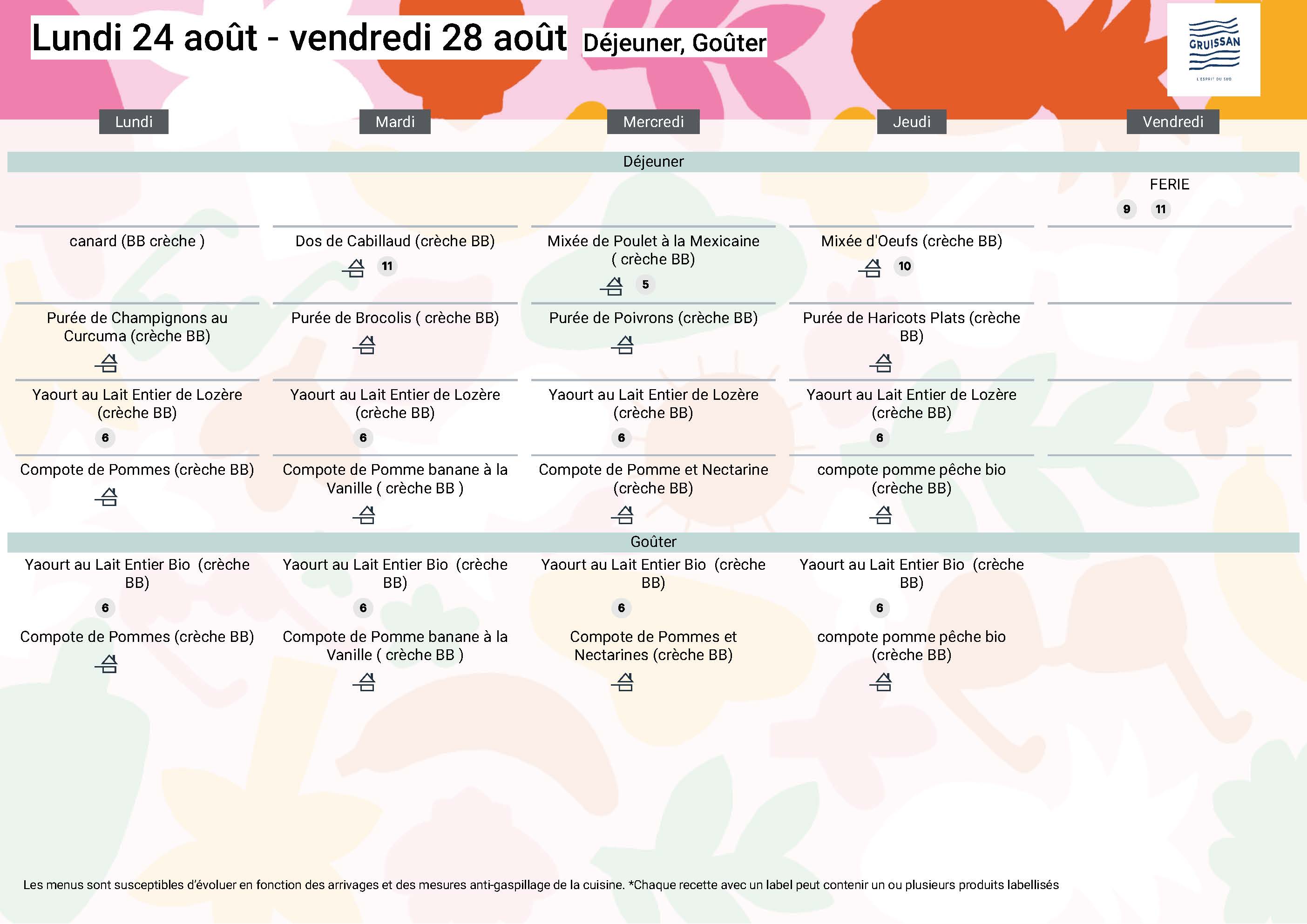 Menu du groupe Crèche BB du 24 au 28 août 2026
