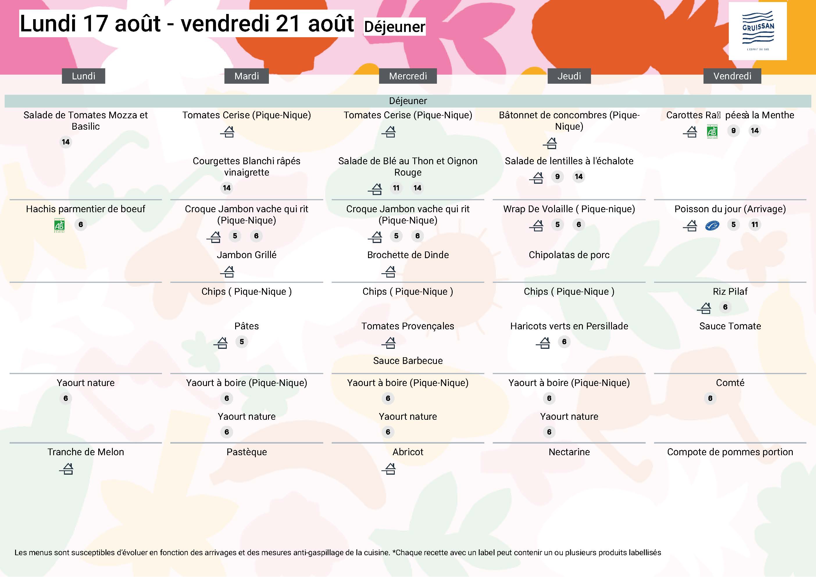 Menu du groupe Principal du 17 au 21 août 2026