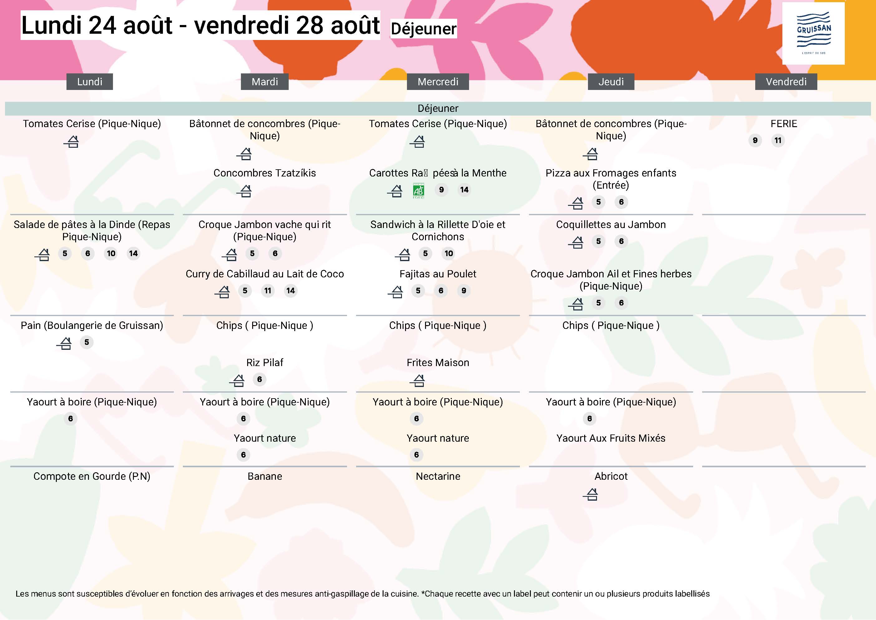 Menu du groupe Principal du 24 au 28 août 2026
