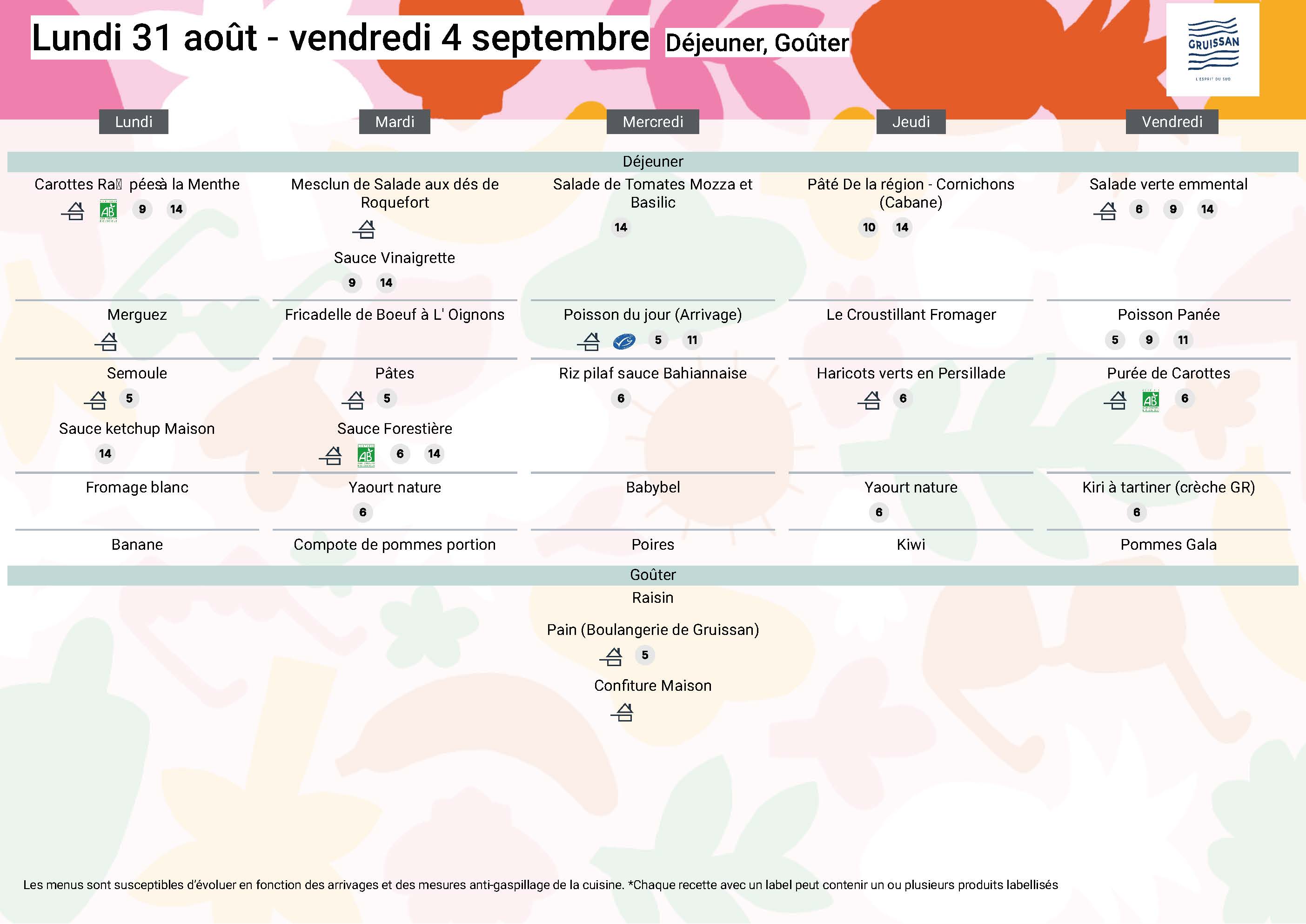 Menu du groupe Principal du 31 août au 4 septembre 2026