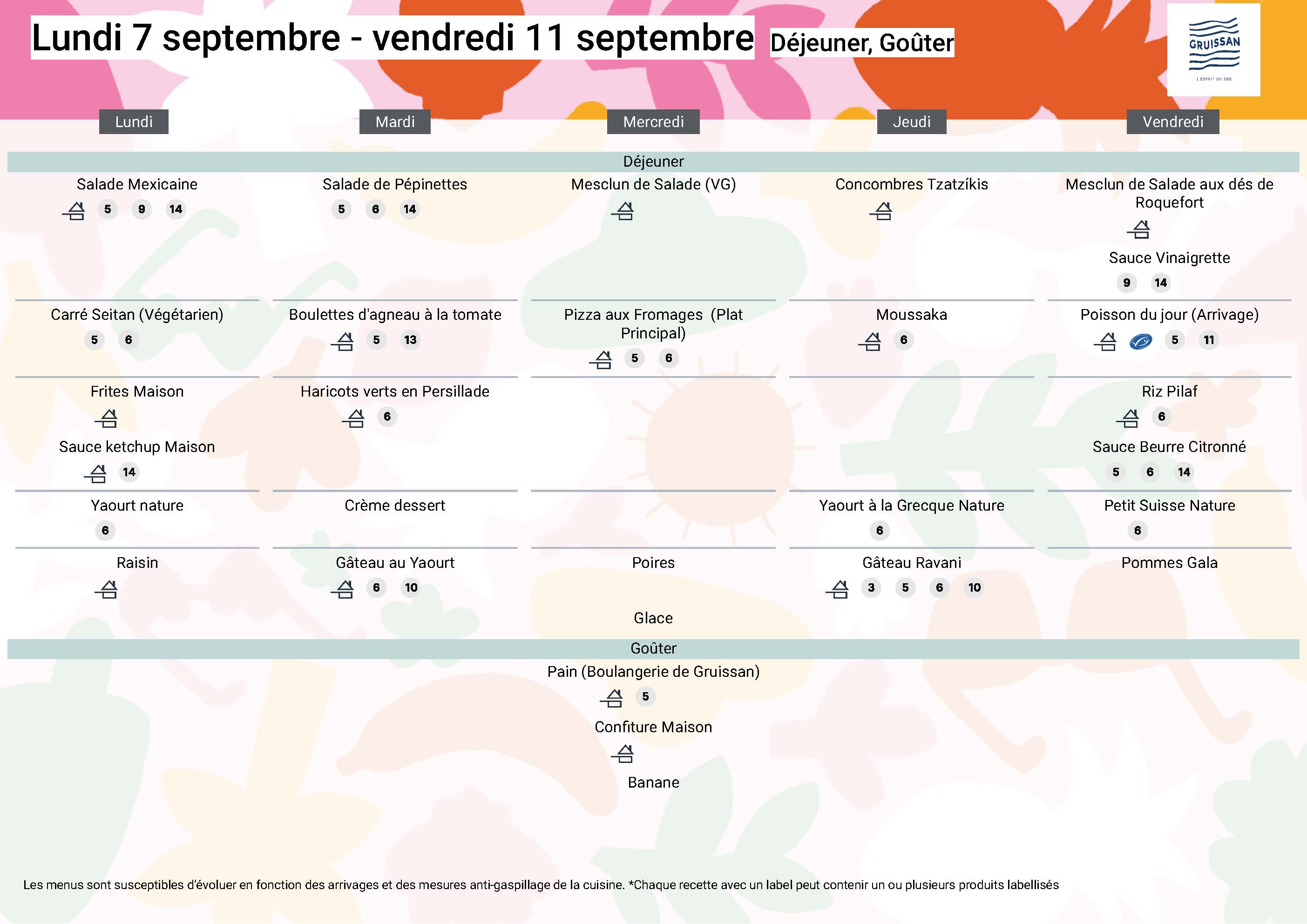 Menu du groupe Principal du 7 au 11 septembre 2026
