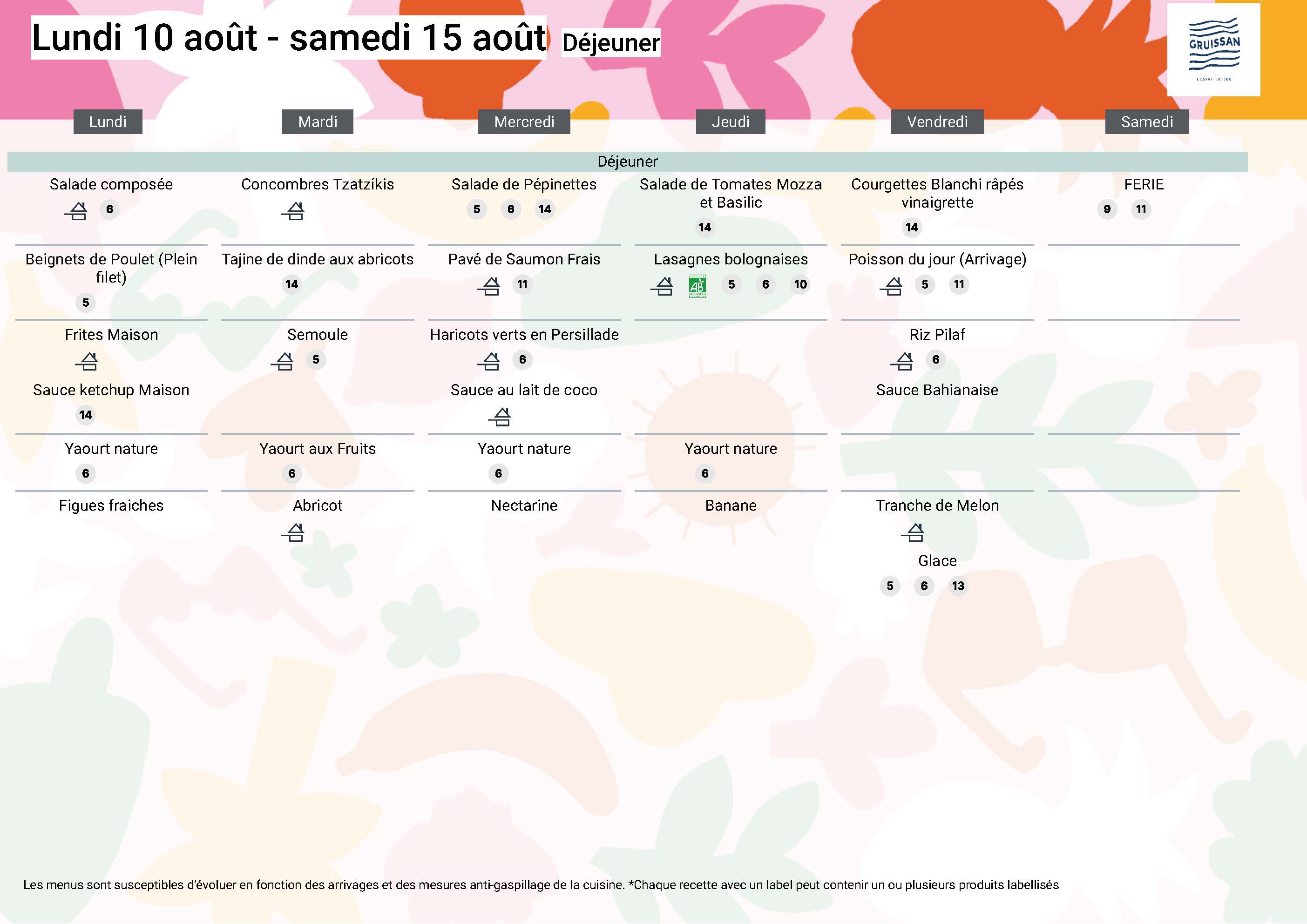 Menu du groupe Seniors du 10 au 15 août 2026