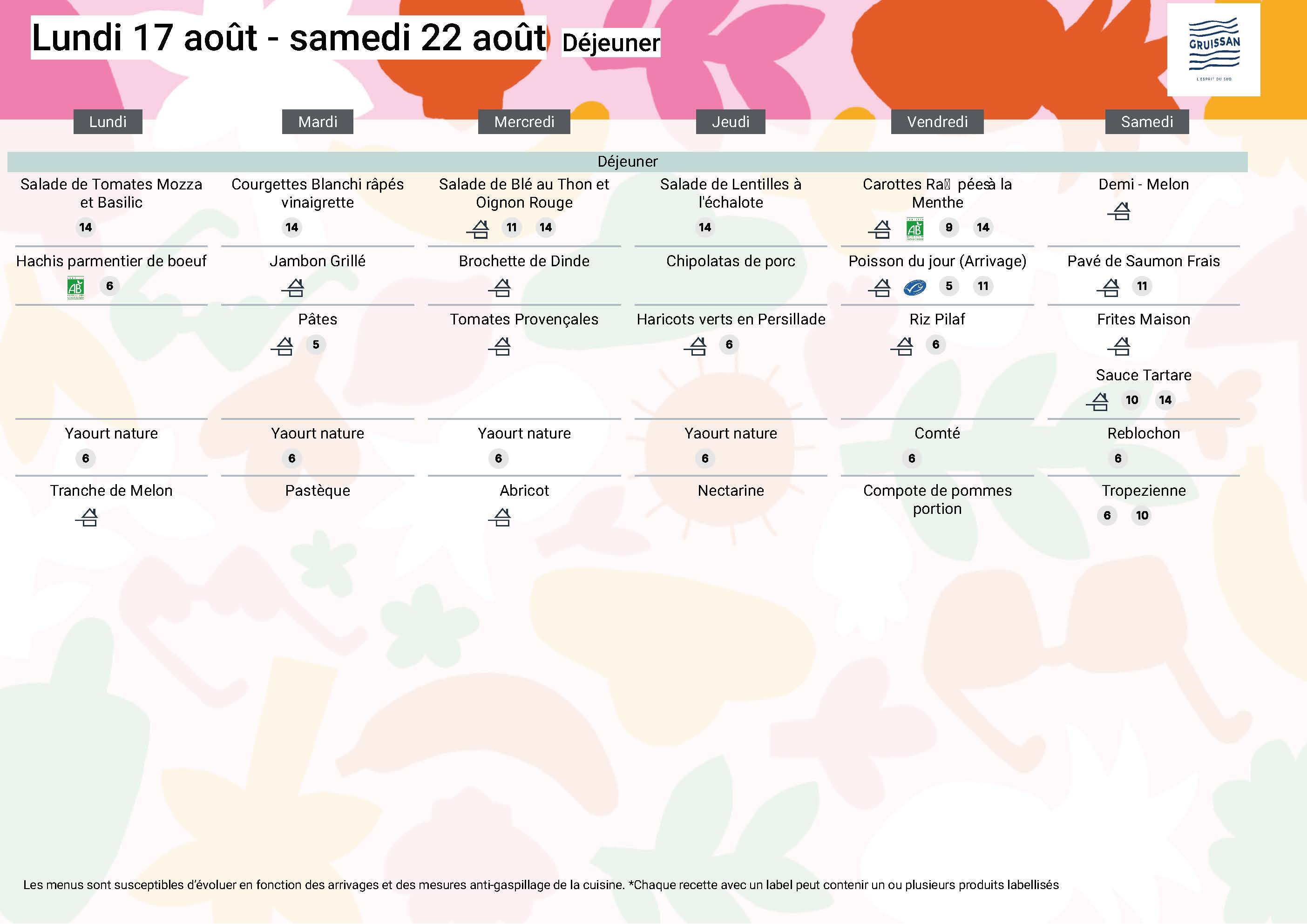 Menu du groupe Seniors du 17 au 22 août 2026