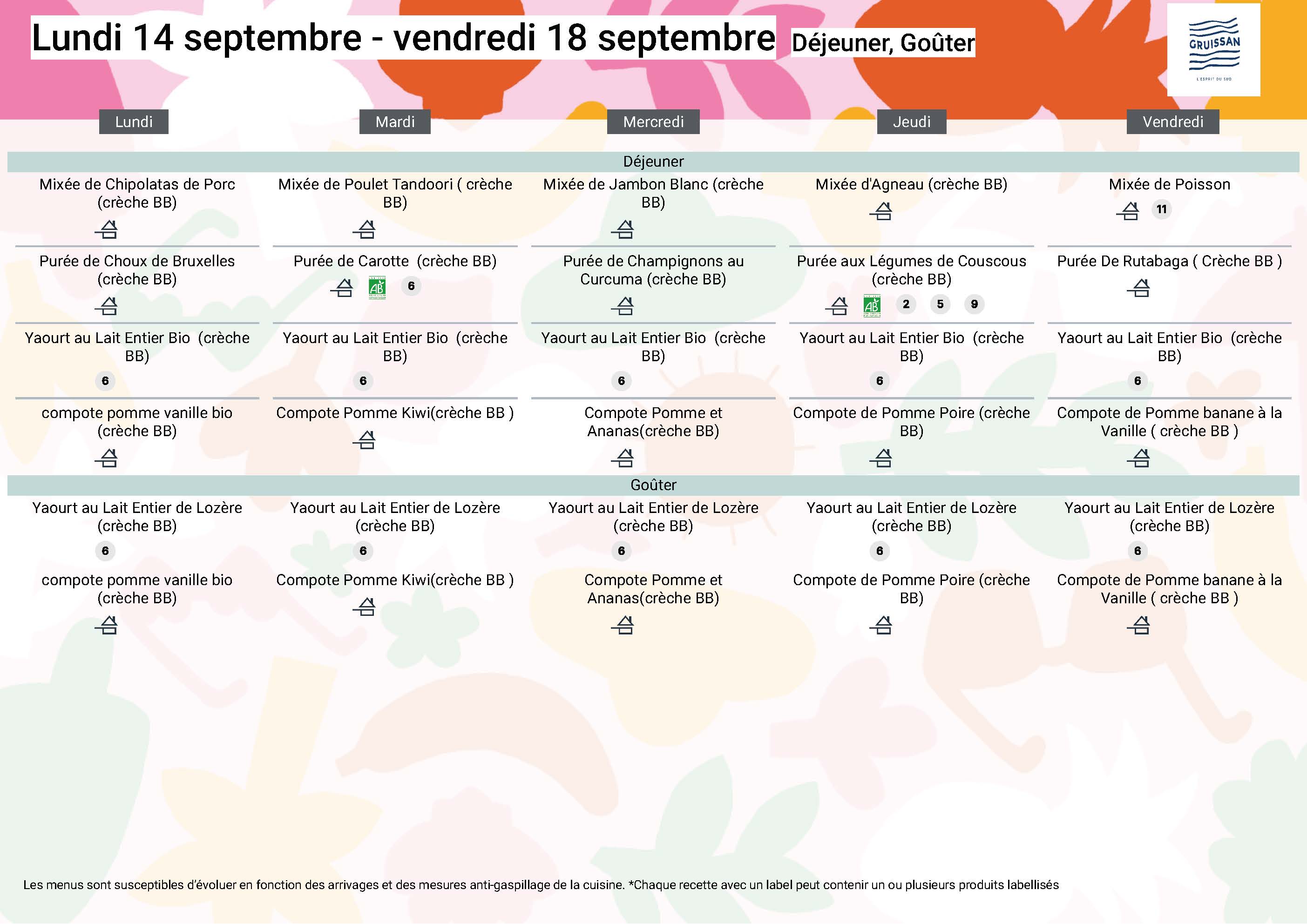 Menu du groupe Crèche BB du 14 au 18 septembre 2026