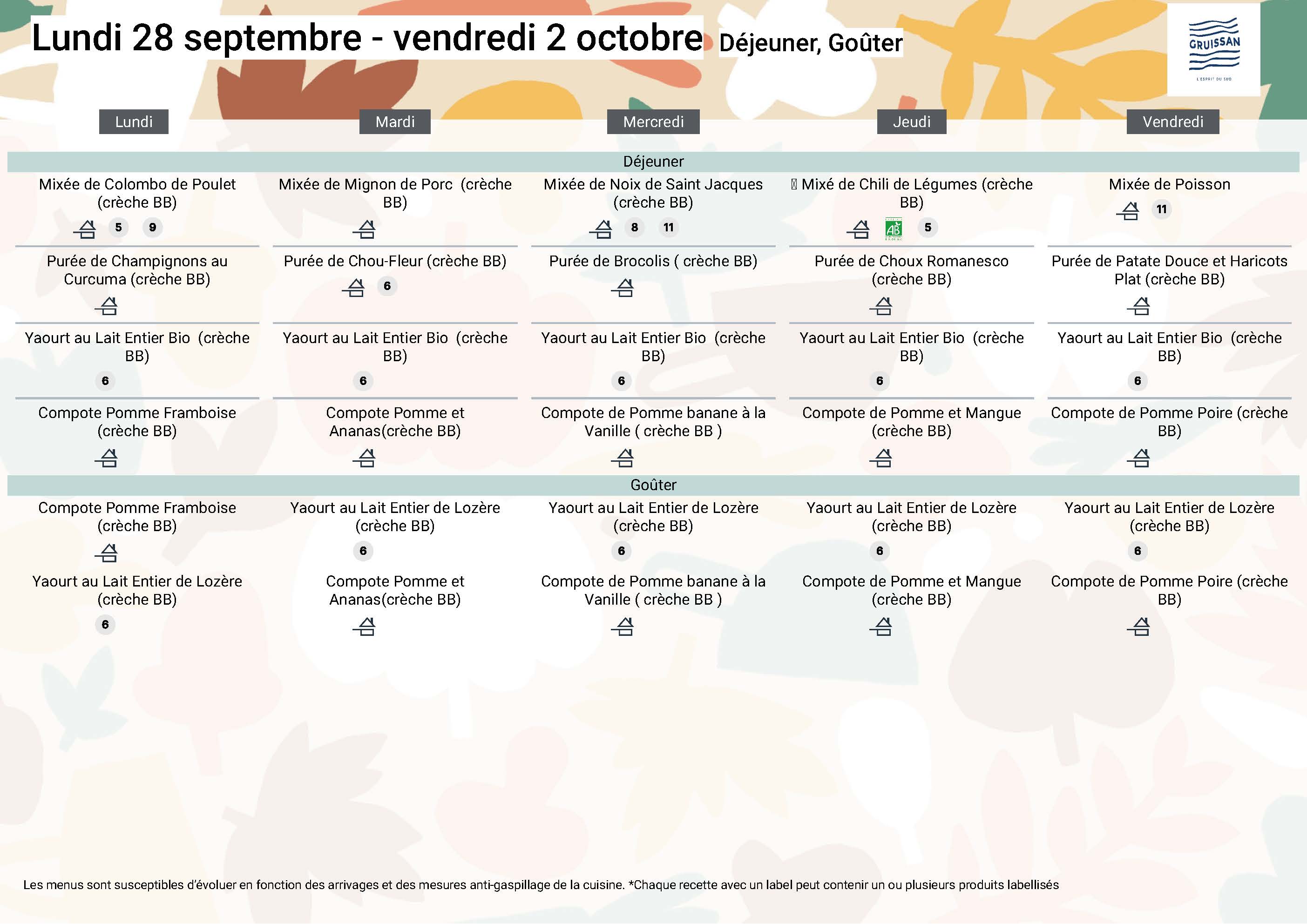 Menu du groupe Crèche BB du 28 septembre au 2 octobre 2026
