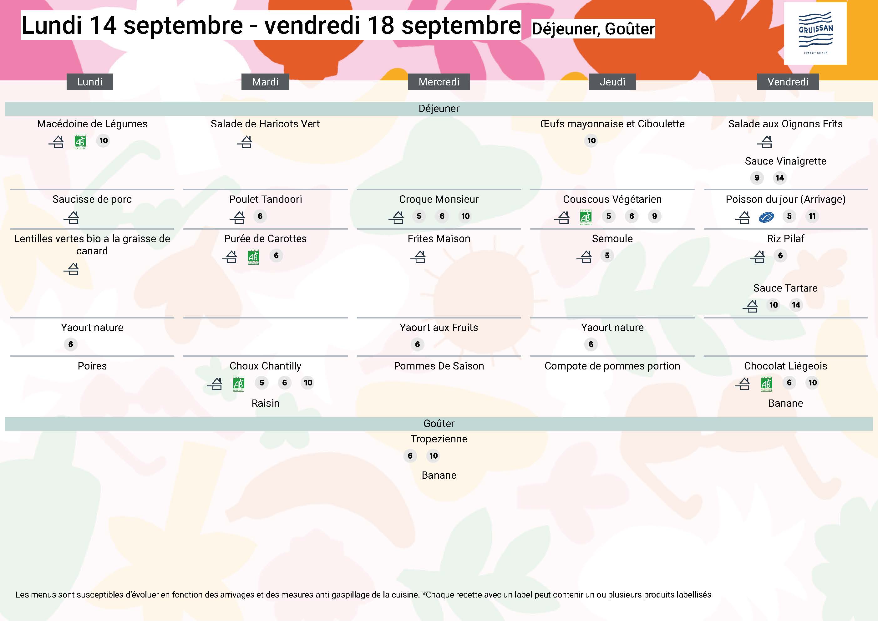 Menu du groupe Principal du 14 au 18 septembre 2026