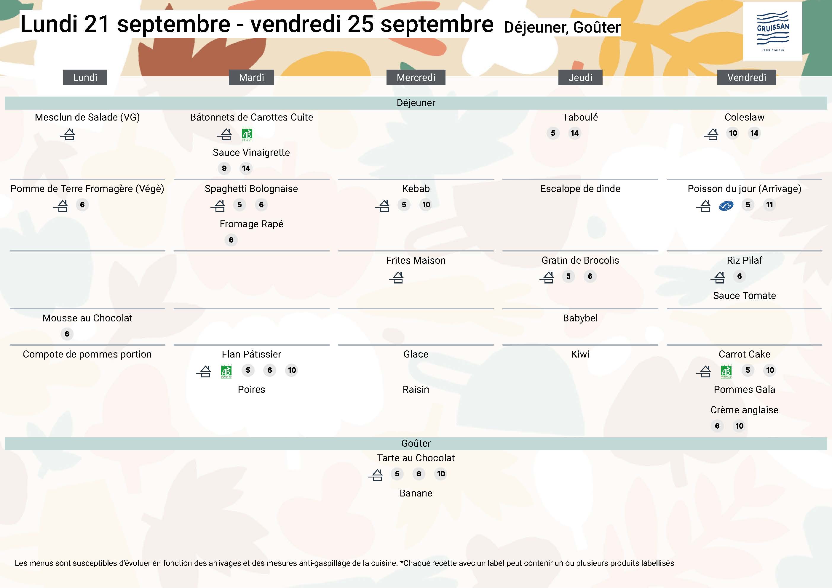 Menu du groupe Principal du 21 au 25 septembre 2026