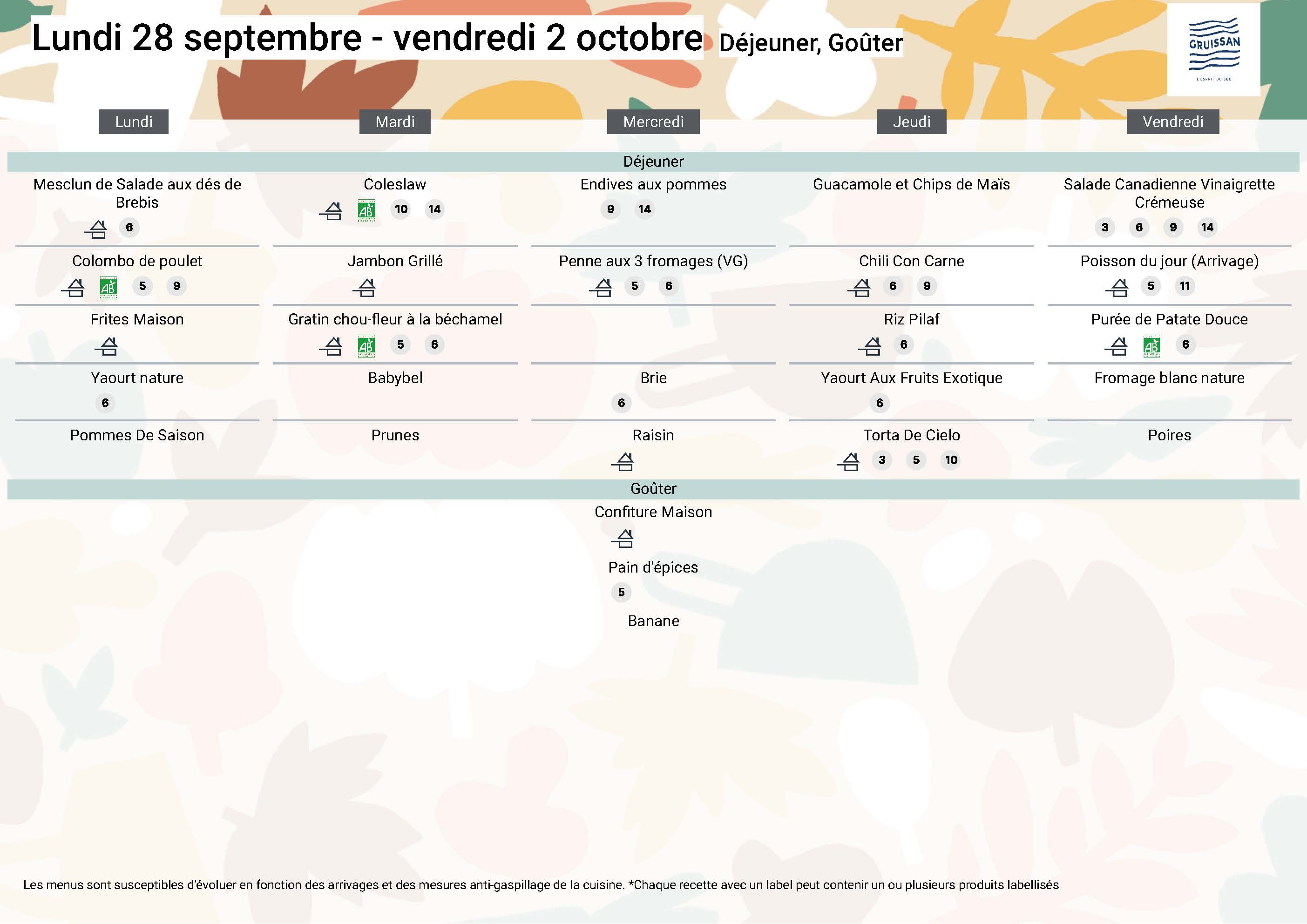Menu du groupe Principal du 28 septembre au 2 octobre 2026