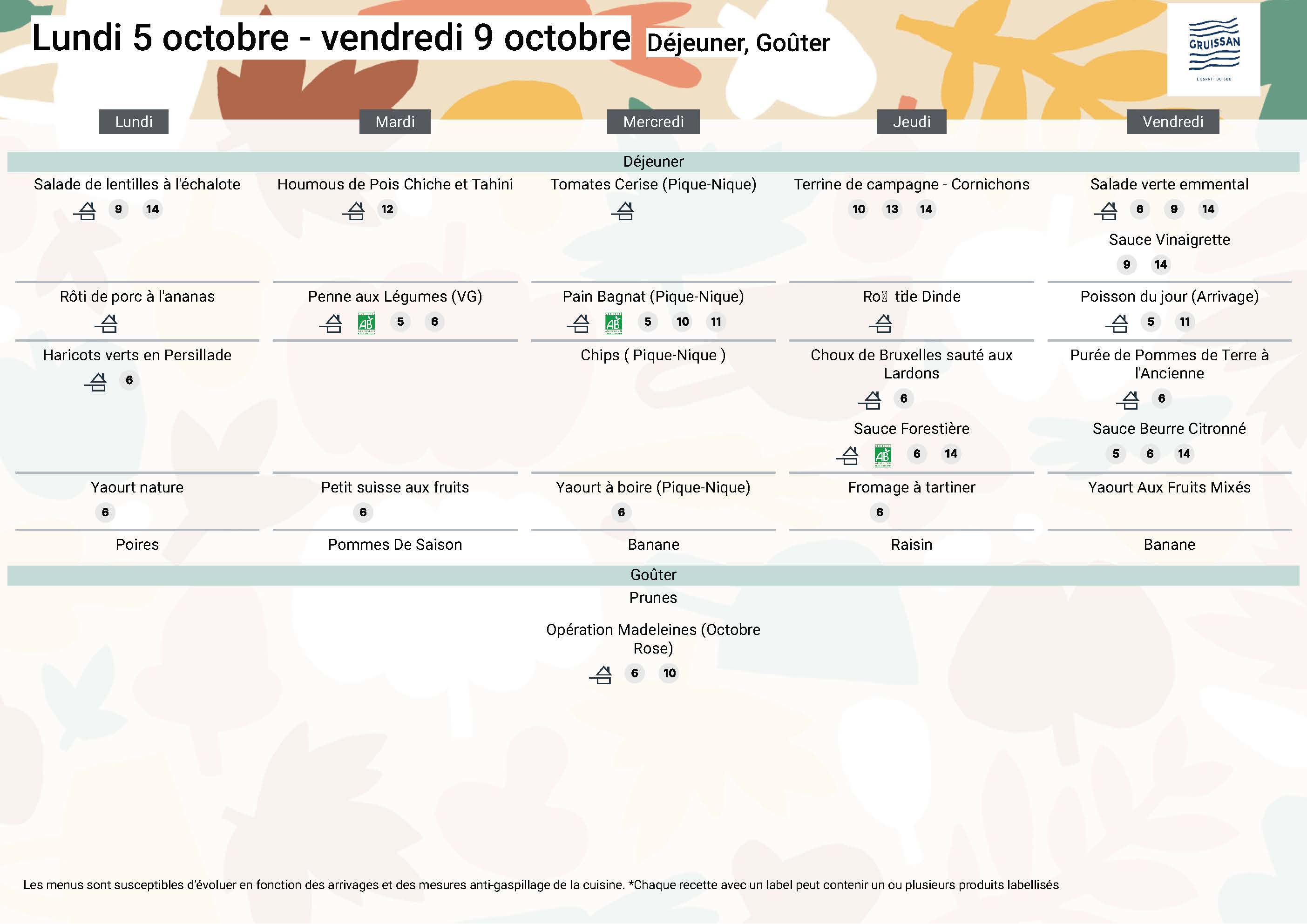 Menu du groupe Principal du 5 au 9 octobre 2026