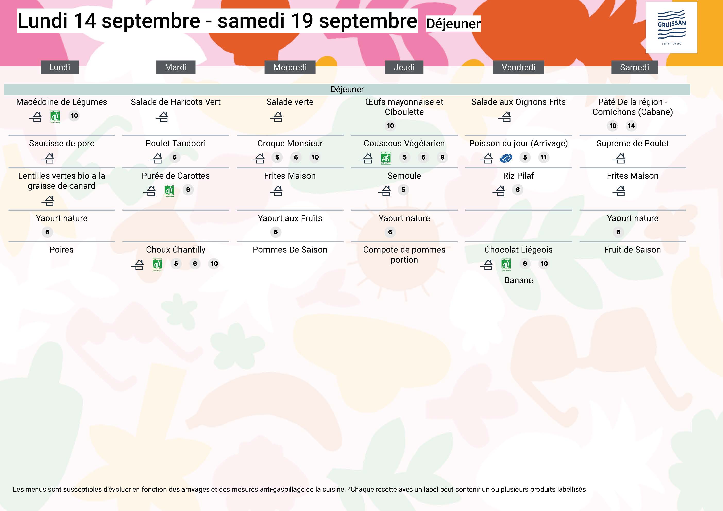 Menu du groupe Seniors du 14 au 19 septembre 2026