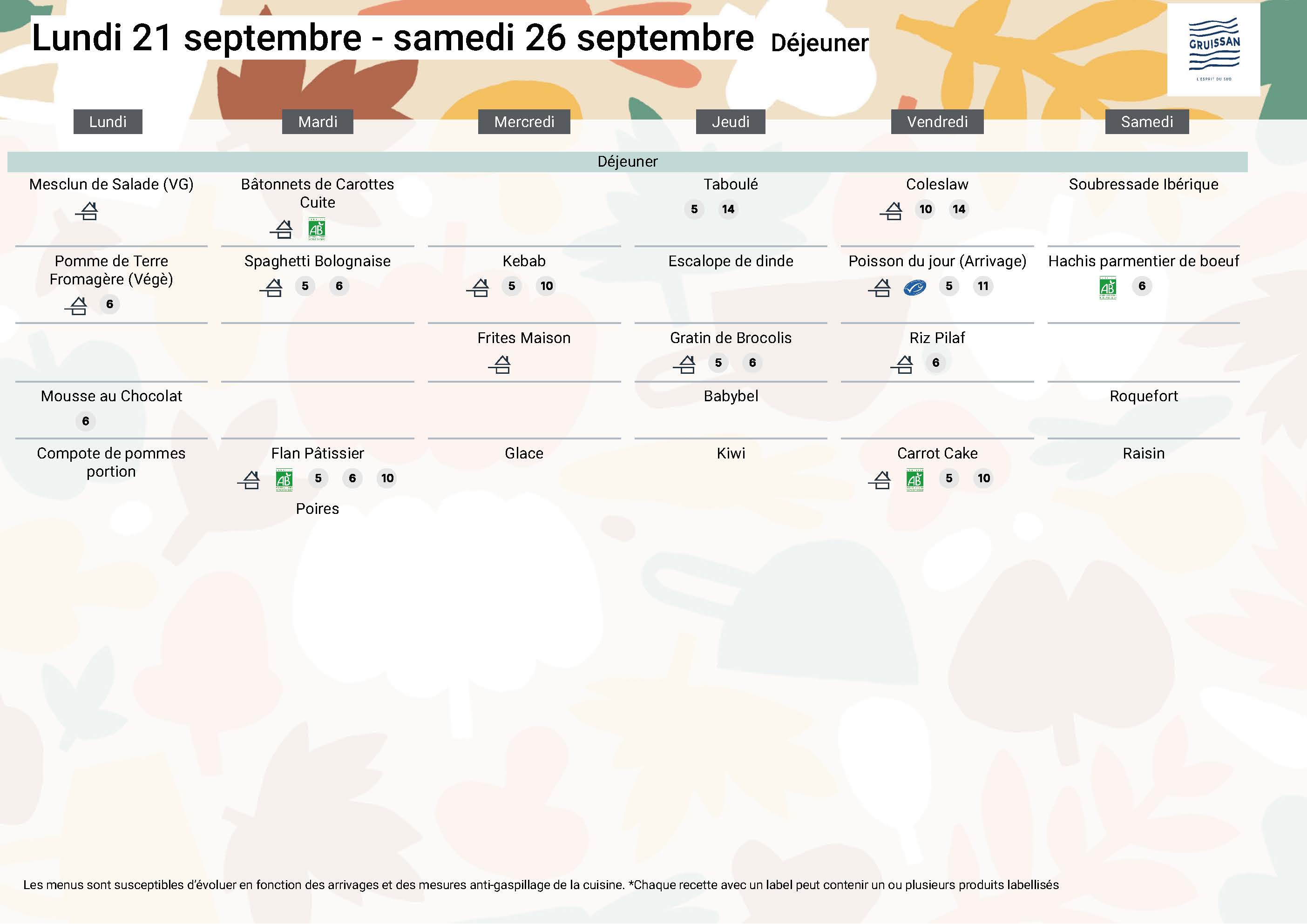 Menu du groupe Seniors du 21 au 26 septembre 2026