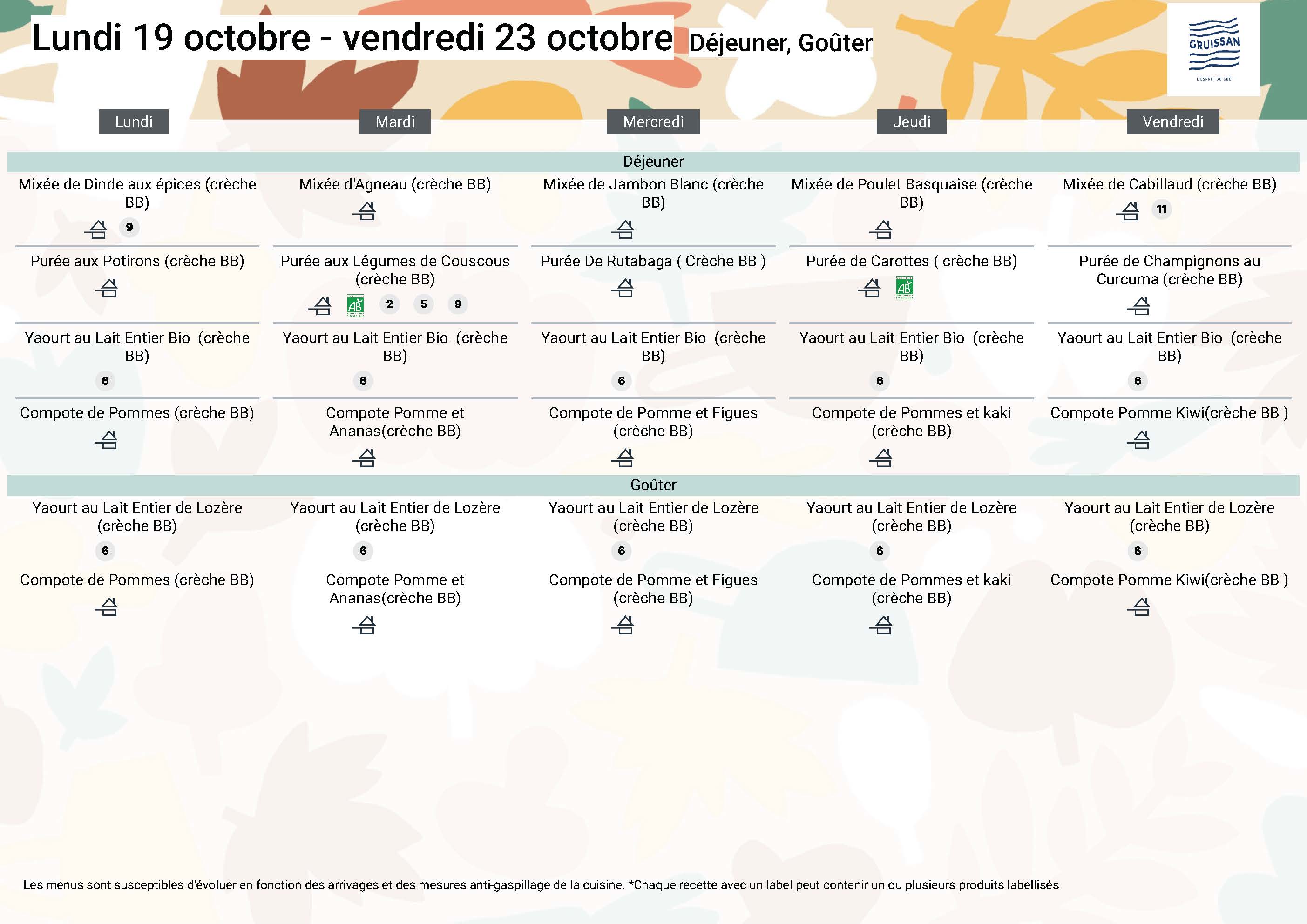 Menu du groupe Crèche BB du 19 au 23 octobre 2026