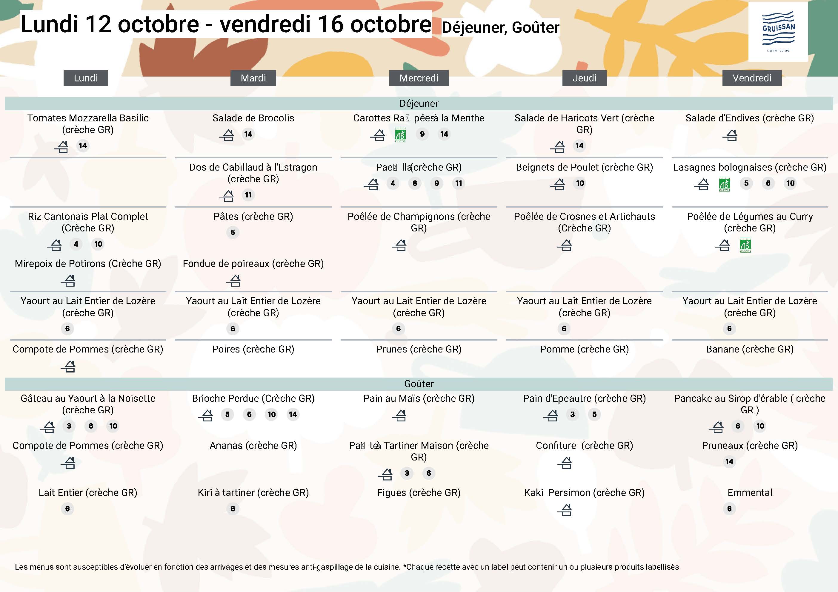 Menu du groupe Crèche Grands du 12 au 16 octobre 2026