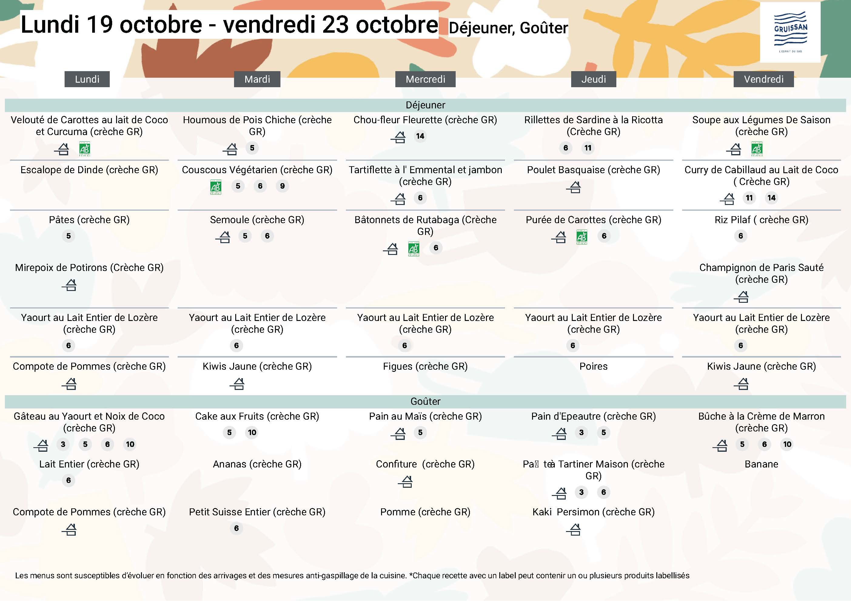 Menu du groupe Crèche Grands du 19 au 23 octobre 2026