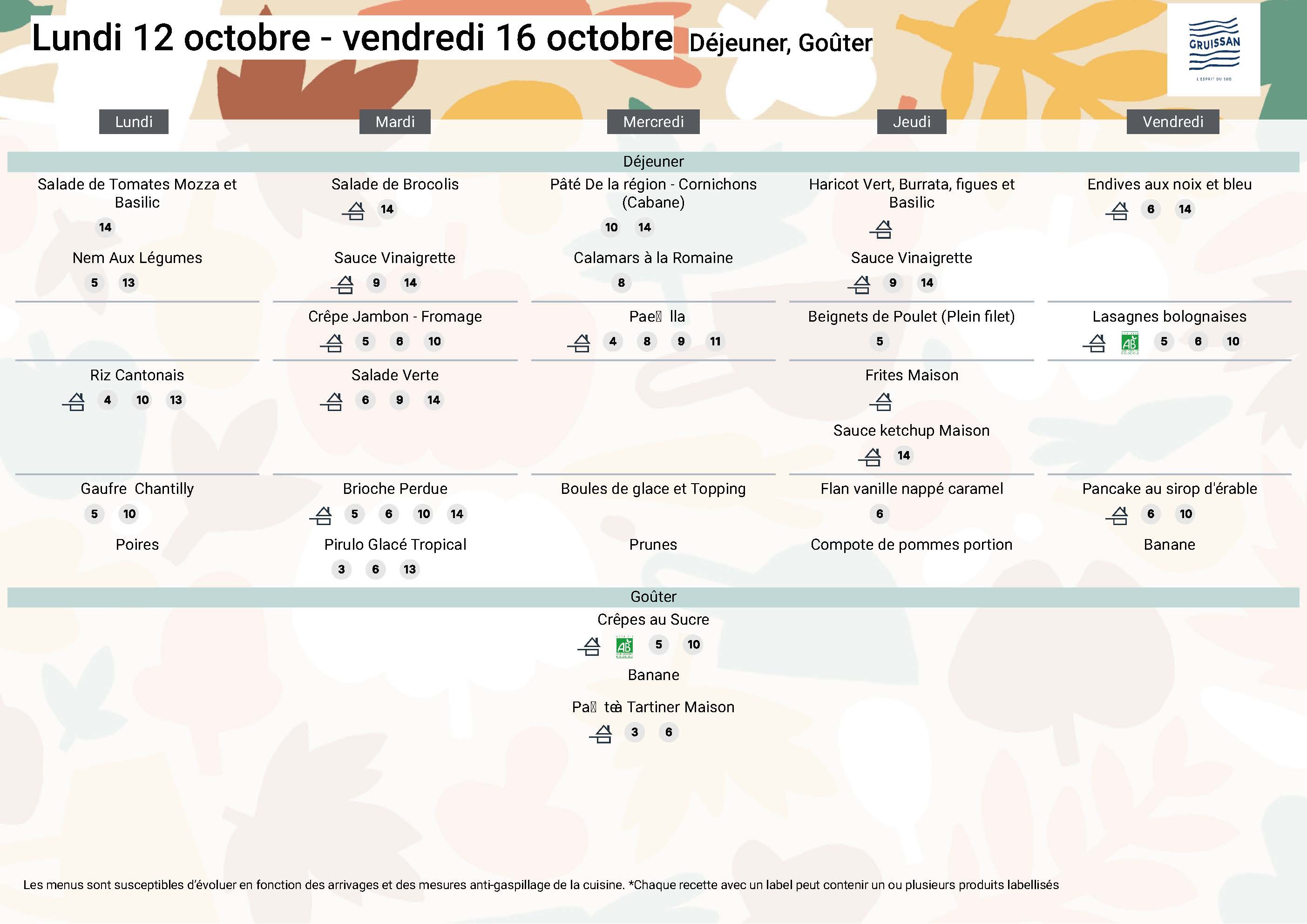 Menu du groupe Principal du 12 au 16 octobre 2026