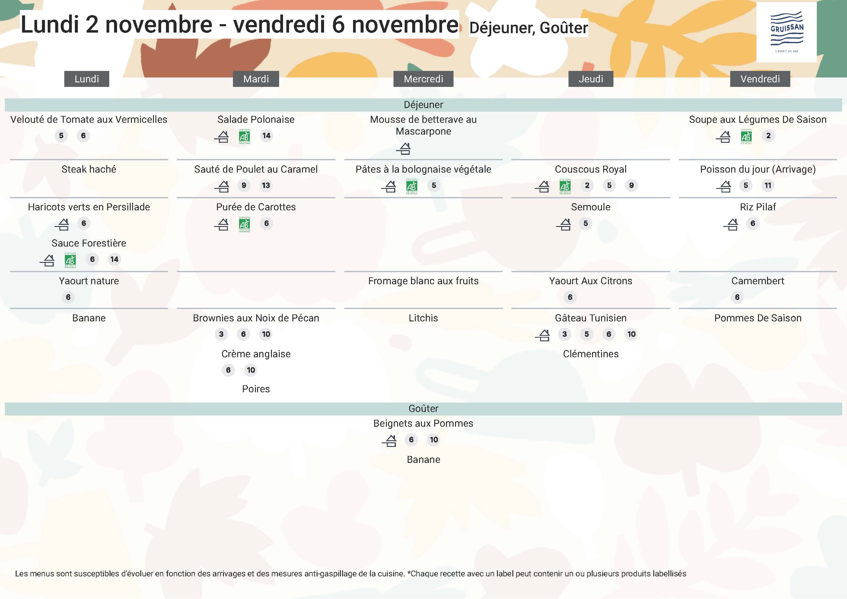 Menu du groupe Principal du 2 au 6 novembre 2026