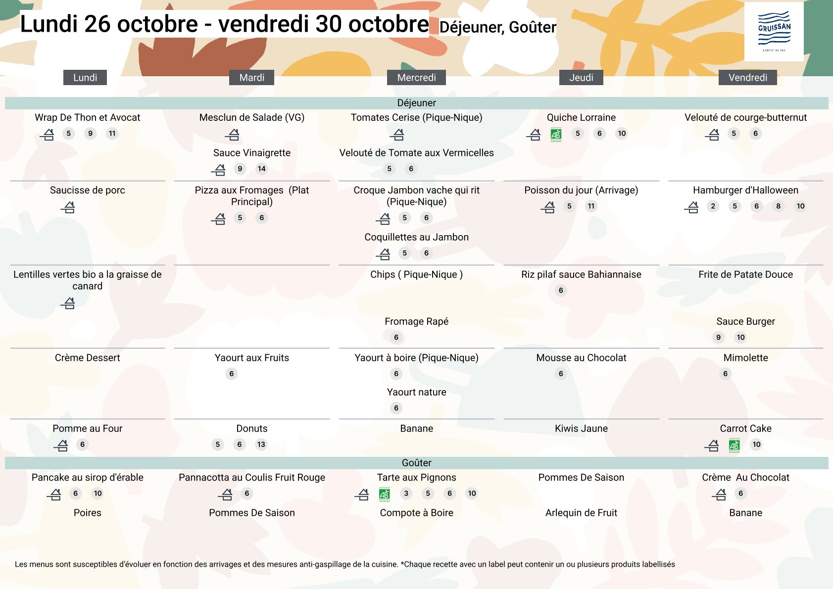 Menu du groupe Principal du 26 au 30 octobre 2026