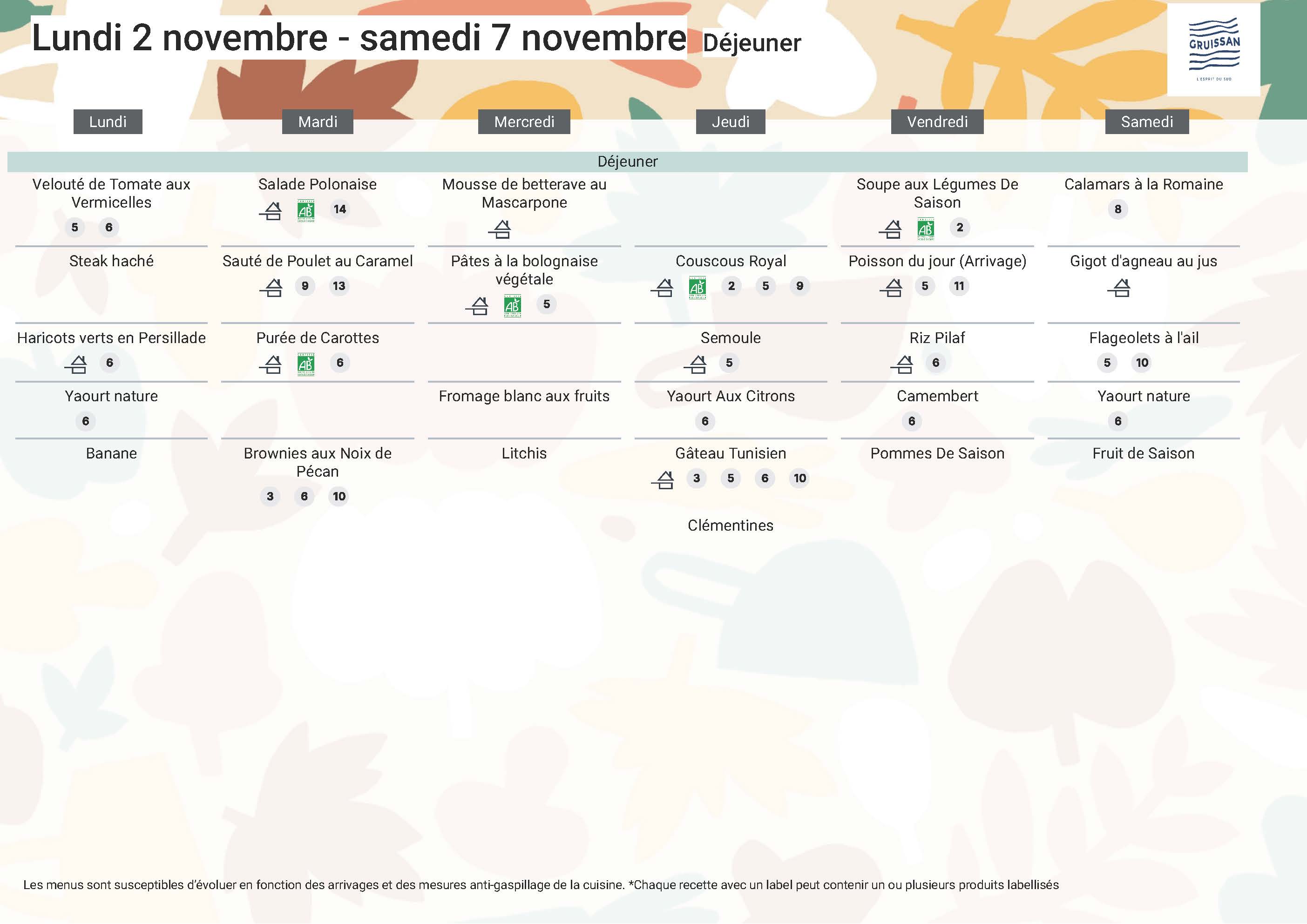 Menu du groupe Seniors du 2 au 7 novembre 2026