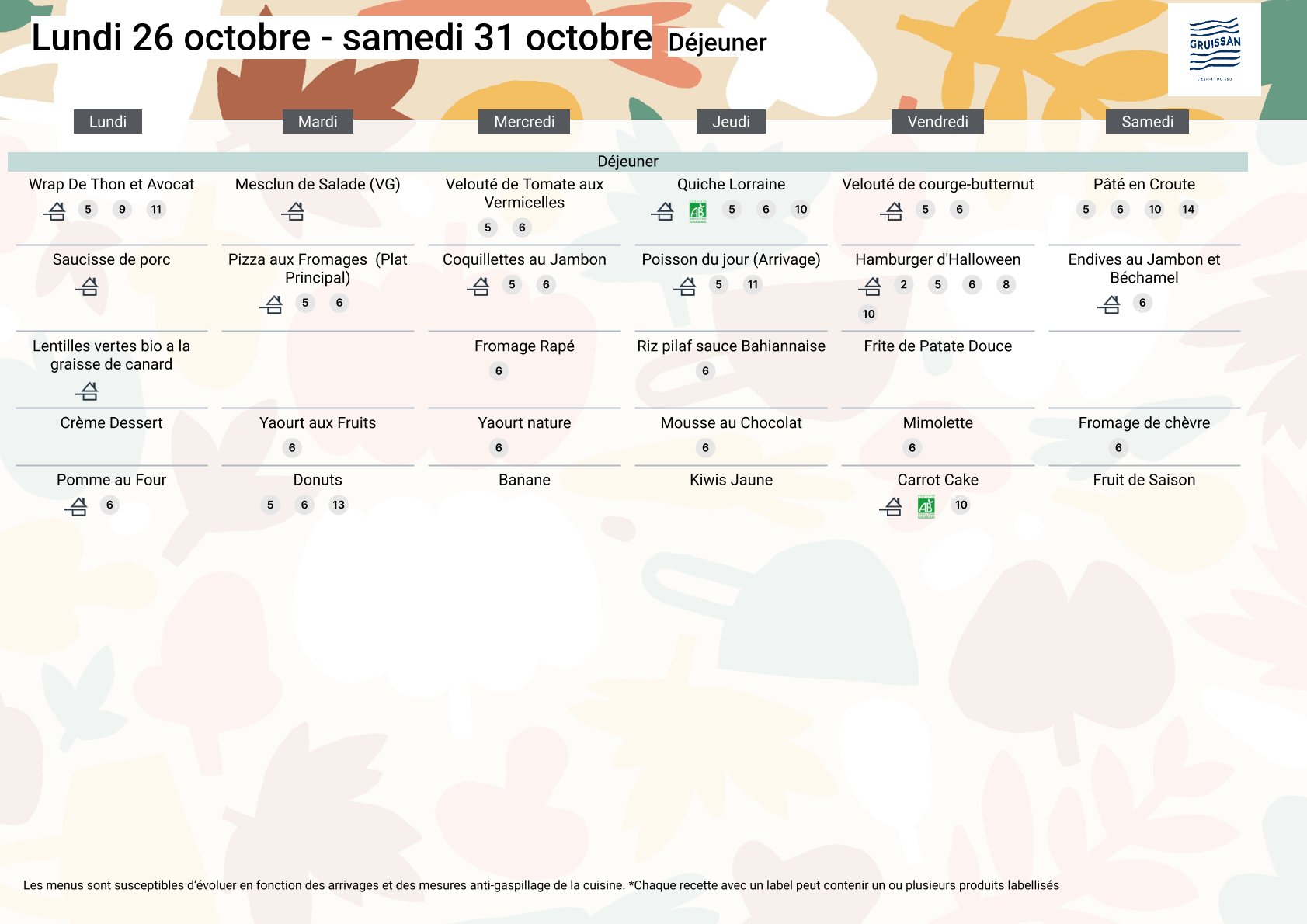 Menu du groupe Seniors du 26 au 31 octobre 2026